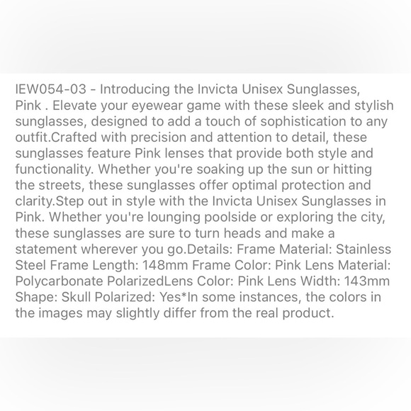 Invicta Unisex Polarized Sunglasses Pink Lenses & Black Frame W/Case NEW - Picture 3 of 3